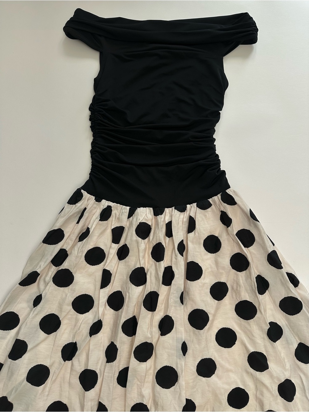 Off Shoulder Ruched Polka Dot Full Skirt Maxi Dress Romantic Retro Black Off-Sho - Picture 3 of 9